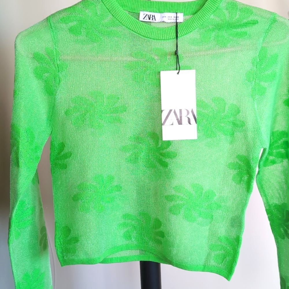 ZARA Mesh Floral Knit Metallic Effect Long Sleeve Neon Green 💚 Top NWT - Picture 2 of 11